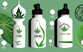 A cbd oil dropper bottle surrounded by various symbols of health and wellness