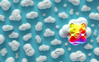 Several cbd gummy bears with small symbols above them representing common side effects such as a cloud (for drowsiness)