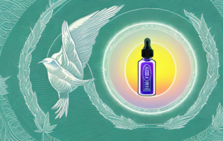 A high dosage cbd oil bottle with radiant light emanating from it