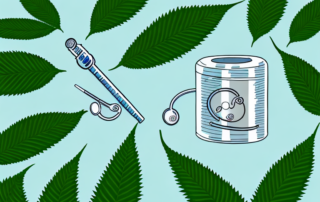 A hemp plant with various medical tools like a stethoscope