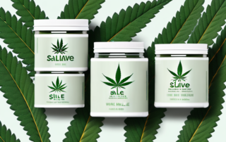 A variety of cbd salve jars and tubes arranged in a spa-like setting