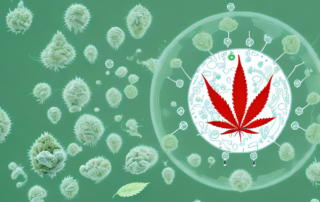 A dropper bottle of cannabis oil with a thc molecule structure floating above it