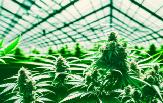 A cannabis plant inside a greenhouse with a german flag subtly incorporated into the design