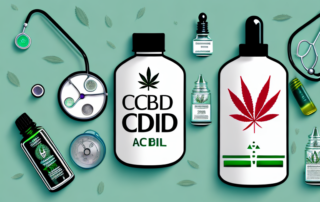 A cbd oil dropper bottle with a cannabis leaf in the background