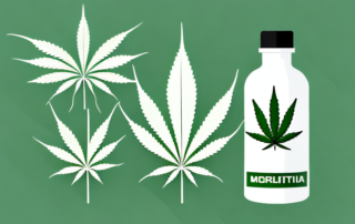 A cannabis plant juxtaposed with a medicinal bottle