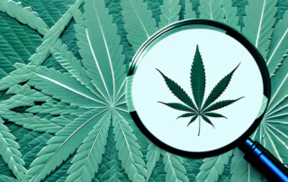 A magnifying glass examining a cannabis leaf