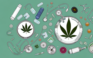 A cannabis leaf surrounded by various medical symbols like a stethoscope