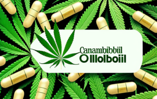 Several cannabidiol capsules nestled among various natural elements like leaves and flowers
