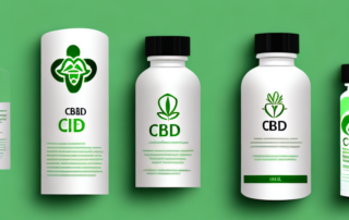 A cbd extract bottle surrounded by various beneficial symbols such as a healthy heart