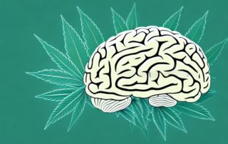 A human brain with symbolic cannabis leaves interacting with different regions