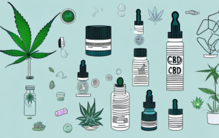 A variety of objects such as a dropper bottle of cbd oil