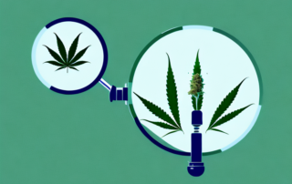A male cannabis plant with a magnifying glass highlighting its distinguishing features