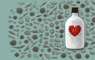 A bottle of hemp seed oil surrounded by various symbols representing common side effects such as a stomach for digestion issues
