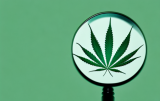 A cannabis leaf with a magnifying glass focusing on it