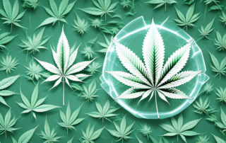 A cannabis leaf with various scientific elements and symbols like molecular structures and test tubes to represent a comprehensive analysis of cannabinoids