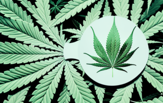 A cannabis plant with a magnifying glass focusing on one of the leaves