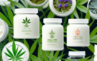 Several cbd cream jars surrounded by a variety of plants