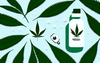 A prescription bottle with cbd oil droplets coming out of it