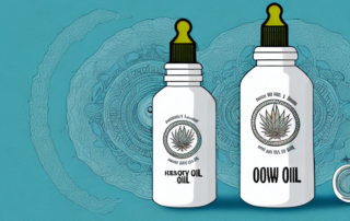 A hemp oil bottle with symbolic images of its possible side effects like a drowsy moon