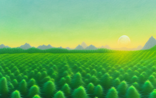 A serene landscape with lush green fields of non-thc cannabis plants under a calming sunset