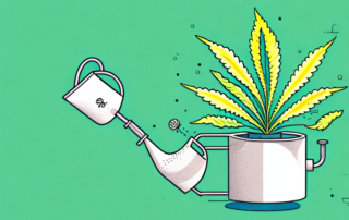 A hemp seed sprouting in a pot with a watering can and sunlight nearby
