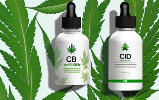 A cbd oil dropper bottle with a few drops falling onto a stylized image of an inflamed body part