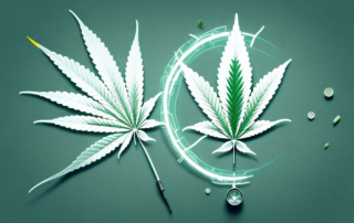 A cannabis leaf intersected by a lightning bolt