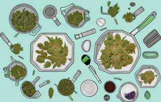 Various cannabis flowers being mixed into a cooking pot on a kitchen counter