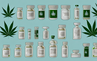 A cannabis plant next to a variety of traditional medicine bottles