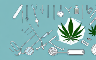 A cannabis plant surrounded by various medical tools and equipment