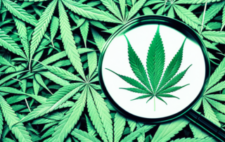 A cannabis leaf under a magnifying glass