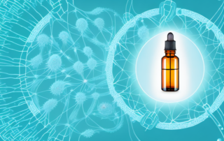 A cbd oil dropper with a few drops falling into a glowing outline of a human body