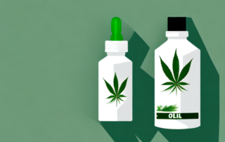 A hemp oil bottle with a few hemp leaves around it