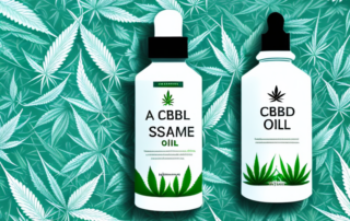 A bottle of cbd massage oil with hemp leaves around it and soothing waves or aura emanating from the bottle