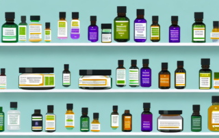 Several cbd salves displayed on a pharmacy shelf