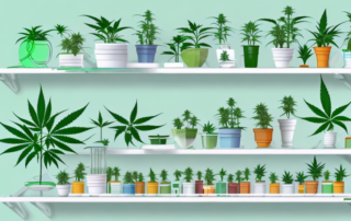 A variety of cannabis plants neatly arranged on the shelves of a clean