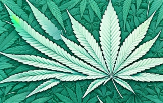 A cannabis leaf superimposed over a stylized depiction of nerve endings