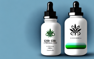 A cbd oil bottle next to a stylized