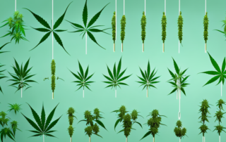 Various types of cannabis plants with price tags hanging from the branches