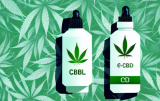 A cbd oil bottle with a few hemp leaves around it