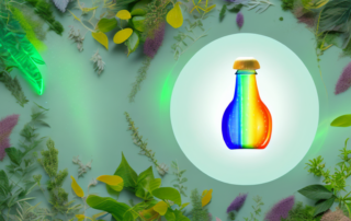 A bottle of full-spectrum oil with light rays emanating from it