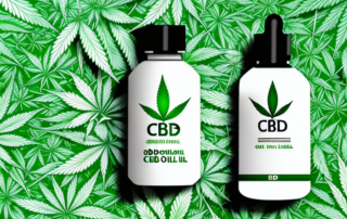 A cbd oil dropper bottle with a hemp leaf in the background