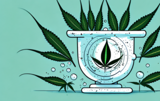A hemp plant with cbd oil droplets dripping from its leaves into a scientific beaker for analysis