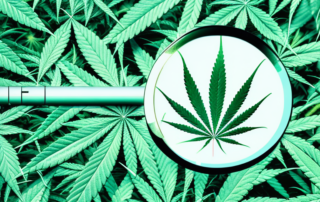 A cannabis leaf with a magnifying glass focusing on it