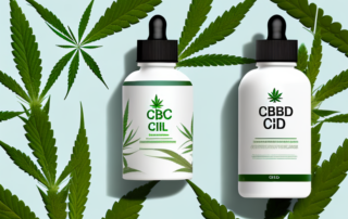 A cbd oil dropper bottle surrounded by various medicinal plants and herbs
