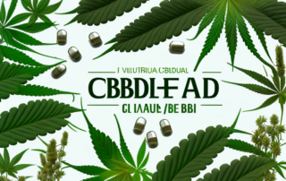 Various cbd capsules surrounded by natural elements like plants and herbs