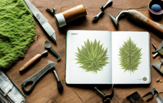 A lush hemp field with various tools for cultivation scattered around