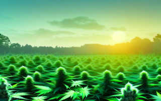 A serene landscape with lush green fields of cannabis plants