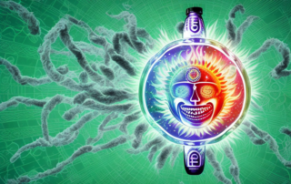 A bottle of cbd drops with a backdrop of various symbols representing different types of pain such as a flaming knee
