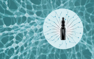 A cbd oil dropper with a few drops falling into a stylized representation of a network of nerves